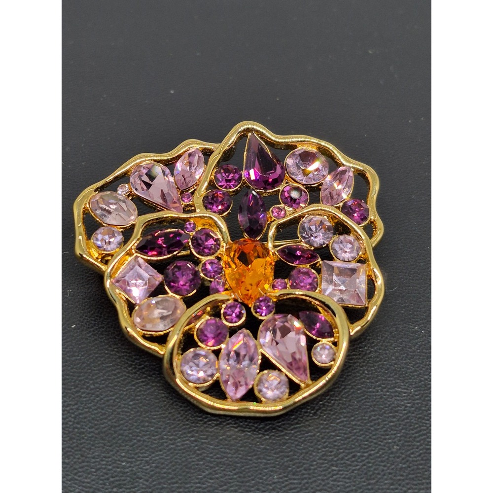 Vintage Nolan Miller Brooch Pansy Flower Purple Pink Gold Tone Crystal Pin